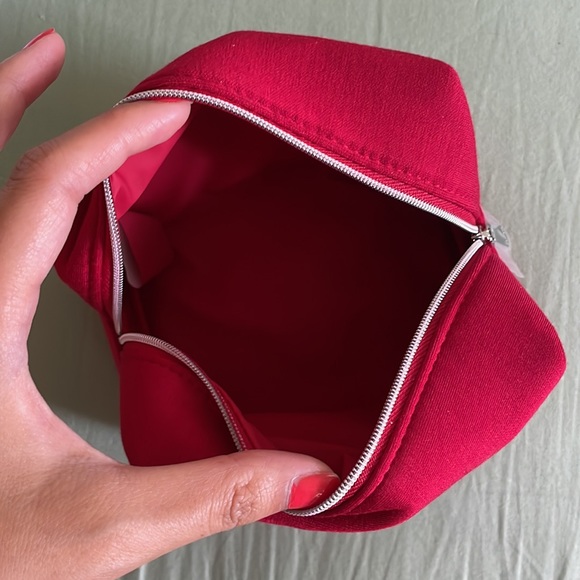 Dior Red Fabric Makeup Bag Pouch Bag Embossed Logo Silver Hardware Zipper Small - Picture 6 of 7